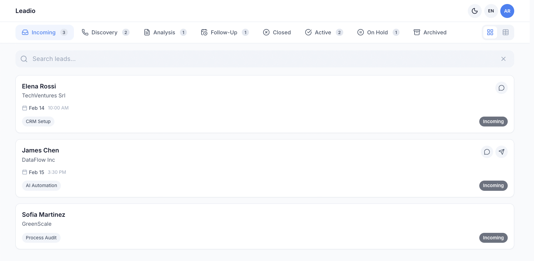 Leadio screenshot: leads grouped by pipeline status